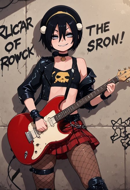 masterpiece, best quality, 1girl, solo, eyelashes, (beautiful eyes),   
zzToph, grey eyes, blind, hair between eyes, short hair, black hair,
 black leather jacket, ripped fishnet tights, plaid skirt, heavy eyeliner, punk boots, graffiti-covered alley, neon lights, microphone, electric guitar, rebellious smirk, confident stance a Under the flickering neon glow, Civchan grips the microphone, her voice cutting through the roar of the underground punk scene. A studded leather jacket hangs off her shoulders, her plaid skirt sways as she leans into the music, and her ripped fishnet tights reveal hints of skindentation. Behind her, a wall of graffiti adds to the chaotic energy, spray-painted slogans of rebellion blending into the electric atmosphere of the night. (cowboy shot, dynamic pose, foreshortening:1.1), 
(playing guitar:1.3),