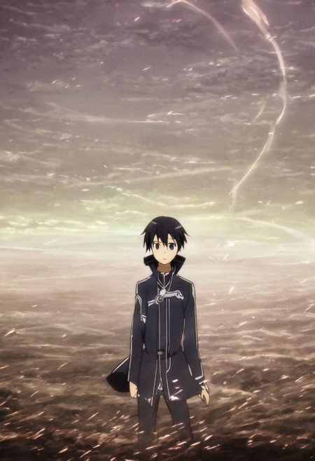 high resolution, solo, best quality, 1Boy, Kazuto Kirigaya, Black Hair, Black Eyes, existential longing, fantasy background, strong wind, OverallDetail