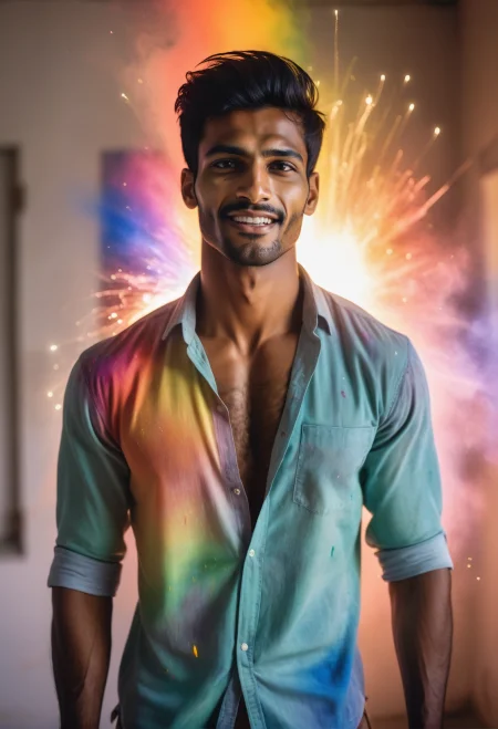 Candid photograph of a 23 year old very tall and (muscular:0.88) Indian (handsome:1.8) man wearing an unbuttoned shirt, His eyes are dark hazel, He has dark blonde short hair and a prominent wide nose and wide jaw, (very short beard:0.9), (body hair:1.7), (He is looking down at the viewer:0.75) with one of his eyebrows raised, (Highly detailed skin), He has faint oil smudges on his skin, (The photo is taken late afternoon) inside his prison cell, (A rainbow exploding with joy:1.28) <lora:a_rainbow_exploding_with_joy:1>, Brandon Woelfel Style <lora:Brandon Woelfel Style:1>