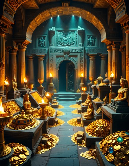 A hidden treasure chamber deep within an ancient temple, illuminated by the warm golden glow of torches and mystical blue light from enchanted crystals. The room is filled with piles of gold coins, jewel-encrusted goblets, and ancient artifacts covered in dust. Massive stone statues of forgotten deities guard the chamber, their eyes glowing faintly as if watching intruders. In the center, a grand pedestal holds a legendary artifactâan ornate golden crown encrusted with emeralds and sapphires, shimmering with an otherworldly aura. The walls are adorned with intricate carvings depicting lost civilizations, and creeping vines hint at centuries of abandonment. The atmosphere is mystical and slightly eerie, with a sense of both wonder and danger. The air is thick with the scent of aged parchment and burning incense, adding to the chamberâs ancient and mysterious feel. Cinematic lighting with dramatic shadows enhances the depth and richness of the scene, creating a visually stunning and immersive environment.
<lora:SDXLFaeTastic2400:0.4> <lora:extremely_detailed:0.4> extremely detailed, <lora:treasure_ch4mb3r:1>,treasure ch4mb3r, Masterpiece,best quality,hi res,8k,hi res,8k,award winning,(sharp focus, intricate, highly detailed),
