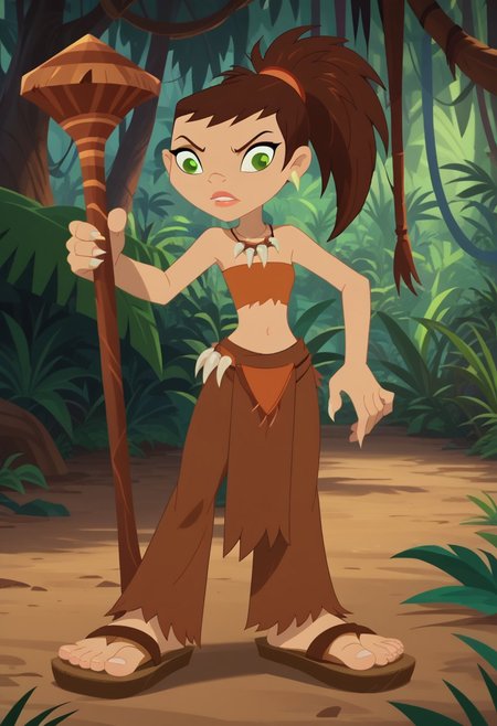 score_9, score_8_up, score_7_up, 1girl, solo,
savage outfit, tube-top, brown hair, green eyes, sharp ponytail, sandals, loincloth, claw necklace,
jungle background, perfect hands, show accurate, perfect anatomy, perfect feet, holding staff,