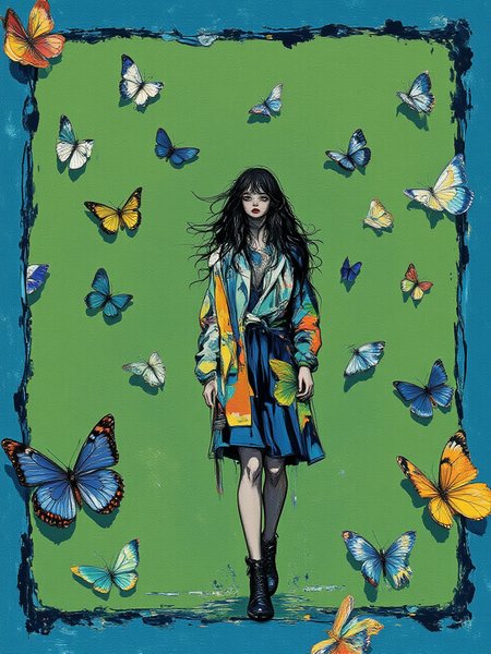 An illustrated image of a woman walking on an ancient cobblestone street, with holographic butterflies fluttering around her.  background is matcha green <lora:Midjourney_Whisper_BrushPulse_v01:0.7>, border is indigo dye <lora:inkedgemono-simple_epoch-08:0.9> 1NK3D63SIM <lora:Midjourney_Whisper_Minimal:0.9>
| no deformed hands, no too many limbs, no too many fingers,