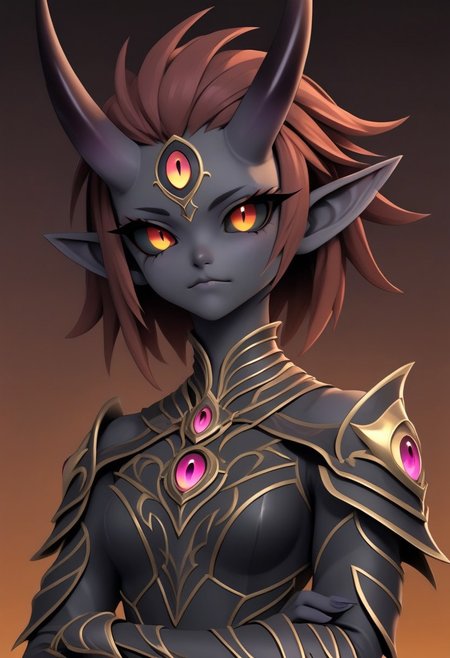 3DMM, ((te'kharoth, third eye), tail, horns), short hair, messy hair, black sclera), 1girl, amber eyes, armor, crossed arms, upper body, small breasts, ornate armor, fantasy, magical aura, simple background, gradient background