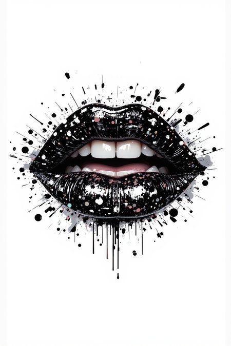 aidmafluxpro1.1.
Silhouette of lips, mouth slightly open with visible teeth, minimalist style, black and white, glitch art in the style of a halftone print artwork