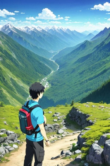 high resolution, solo, best quality, 1Boy, Arata Kaizaki, Black Hair, landscape, upper body, look at the view behind, upper body, high mountain, hiking gear, , OverallDetail