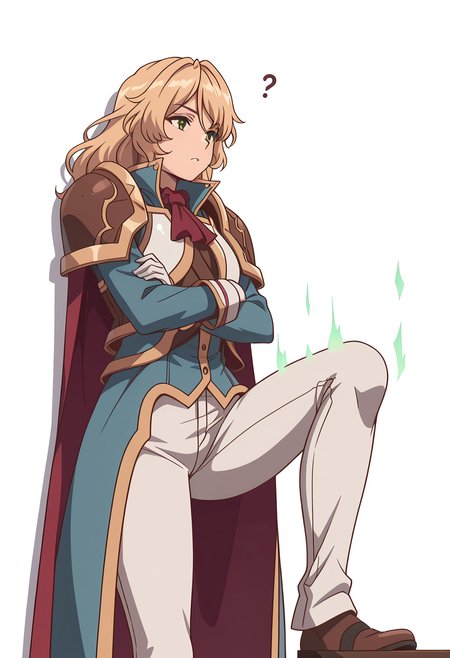 Smooth Quality,masterpiece,very intricate, high quality details, ultra realistic, high detailed skin,detailed enviorement,absurdres,
simple background, white background,
front view,confused,leaning against wall, one foot up, arms crossed, looking away, cool aura,  ,
 <lora:Blade_cnn:0.8>bladecnn,1girl,  blonde hair, green eyes, long hair, armor, uniform, long sleeves, gloves, white pants, ascot,shoulder armor,cape, coat,