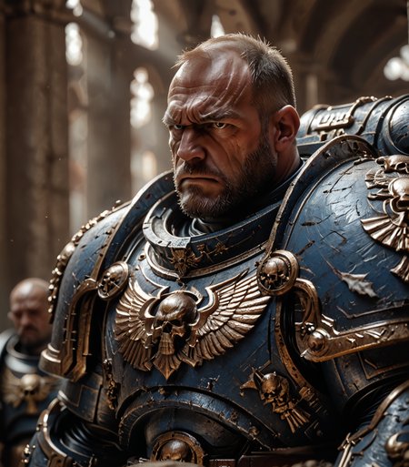 score_9, score_8_up, score_7_up, score_6_up, 1boy, male focus, solo, rugged features, zPDXL3, realistic, thick neck, heavily built, bara, power armor, mature, bald, clean shaven, scar, xlbodybuilder, UltraM40k, bara, <lora:Space_Marine_No_Helmet_Pony:0.85> <lora:ponybodybuilder:0.8> <lora:UltraM40k:0.6>