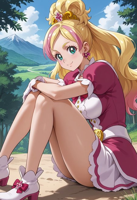 score_9, score_8_up, score_7_up, epic-Ultra-HD-details, epic-Ultra-HD-highlights, 2.5D-upscaled-resolution, source_anime, digital-quality, semi-realism, physically-realistic, lit, cutesie, 
BREAK source_anime, anime, best quality, masterpiece, rating_safe, uncensored, High quality, 8k, Ultra, 
BREAK (Forest, Mountain, Outdoors,sun,Summer day),
BREAK 1girl, cureflora,
BREAK upper body shot,(sitting, (from above),(((from side))),
((large breasts:1.2)), thick thighs,slender body,
looking at viewer, smile,
 (((Knees Up:1.2))),(((Bend your knees:1.2))), (((Hold feet:1.2))),(((Shrunk yourself:1.2))),