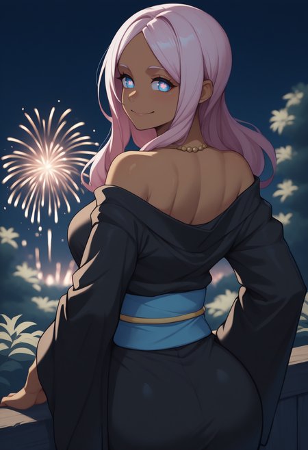 anime, masterpiece, best quality, <break> from behind, solo, 1girl, hib4na, dark-skinned female, smile, looking back, long hair, pink hair, blue eyes, symbol-shaped pupils, japanese clothes, black kimono, off shoulder, blue sash, necklace, bare shoulders, outdoors, night, fireworks
<segment:yolo-Anzhc Face seg 640 v2 y8n.pt,0.4,0.5//cid=1>