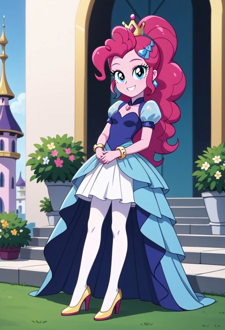 score_9, score_8_up, score_7_up, score_6_up, from My Little Pony Equestria Girls, a very young little human girl Pinkie_Pie wearing a fit blue|sky|green|brown|darkpurple|red|yellow gradients colors short princess dress, elegant detailed princess shoes, solo, 1girl, little princess girl, gradient dark pink hair with crown hairband, smile, childhood, looking at viewer, glow detailed eyes, garden of canterlot, tul, chiffon, laces, semi realistic cartoon, unreal engine 5,  full body close-up, absurdres, digital art, soft light, perfect hands, perfect, hands, perfection, soft pink skin, skyblue eyes, party accesories and shoes, jewelry, tres chic,<lora:age_slider_v4:-4>,