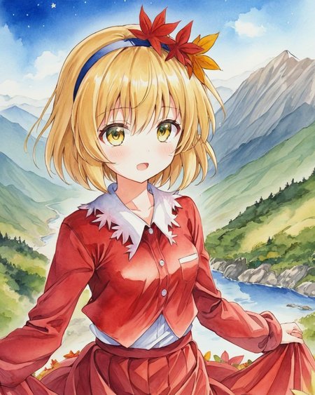 aki shizuha,1girl, solo, traditional_media, leaf_hair_ornament, long_sleeves, open_mouth, painting_\(medium\), looking_at_viewer, hairband, skirt_set, watercolor_\(medium\), blue_sky, red_shirt, mountain, leaf, medium_breasts, outdoors
<lora:aki_shizuha_image1876_2023-12-14:1>,star-shaped_pupils,symbol-shaped_pupils,. gorgeous,key visual, vibrant, studio anime,award-winning, professional, highly detailed,high budget, cinemascope