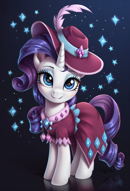 score_9, score_8_up, score_7_up, score_6_up, score_5_up, score_4_up, my little pony, ((feral pony)),   1girl, ((solo)), (sexy),beautifully detailed, (detailed cute pony face), ((detailed blue starry background:1.5)), ((woman)), high angle, (cute smile:1.0), ((up-close))  1girl, ((solo)), (sexy), full body,  <lora:Second_gala:1> rarity a bright outfit, a blue purple dress, jewelry in the form of stones and feathers, hat
<lora:OtherStyle_01:1> <lora:Wholesome_MLP-v1.0:1>
