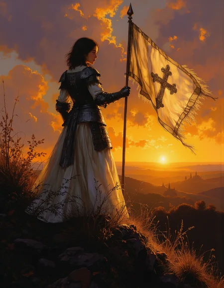 masterpiece, high quality, Oil Painting, Hyper-realistic, young Joan of Arc stands atop a rolling hill at sunset, her silhouette striking against a dramatic sky of deep oranges, purples, and burning crimsons. She wears gleaming plate armor that catches the last rays of sunlight, creating a holy radiance around her. In her right hand, she holds aloft her iconic white battle standard adorned with fleurs-de-lis and religious imagery, its fabric billowing majestically in the wind. Her dark short-cropped hair frames her determined face, which shows both youth and fierce conviction.  Her face is pale, almost translucent white. She has bright glowing blue eyes. The landscape below is medieval French countryside with distant castle spires and scattered campfires beginning to twinkle in the gathering dusk. The rays of golden light piercing through clouds to illuminate her figure, suggesting divine inspiration.  focus on the girl, shadow and light, Masterpiece, intricate lines, intriguing atmosphere, sharp magnificent details, delicate features, elaborate details, (2/3 rule composition:0.5), ultra detailed, romantic, Rembrandt lighting, brush stroke, lovely, novuschroma, in the style of Rembrandt. vantablack <lora:style_of_Rembrandt_FLUX_135:.8> <lora:- Flux1 - vanta_black_V2.0:.6> <lora:neeeg_f1:-1> <lora:113_novuschromaFLX_1:.3> <lora:Midjourney_Whisper_Minimal:.4>