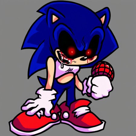1girl, solo, score_9, score_8_up, score_7_up, score_6_up, volumetric lighting, NEGATIVE_HANDS, fnf, Luis_EXE, gloves, 1boy, animal ears, blue hair, shoes, socks, white gloves, white socks, spiked hair, red footwear, furry, furry male, body fur, white fur, animal nose, two-tone fur, blue fur, sonic the hedgehog, dark, menacing appearance, gleowing red eyes exaggerated, creepy elements features, ((hold microphone)), grey background, ((full body)), white long socks, white shoes, ((solo))