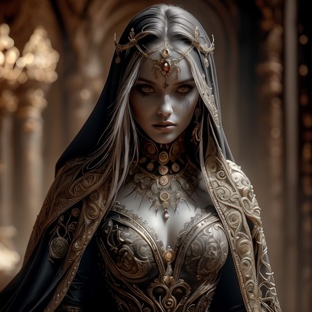 RAW photo, (masterpiece:1.3), subsurface scattering, heavy shadow, (high quality:1.4), (intricate, high detail:1.2), professional photography, HDR, High Dynamic Range, realistic, ultra realistic, photorealistic, high resolution, film photography, ambient lighting, atmospheric effects, <lora:detail_slider_v4:2>, OverallDetail, a female drow sorceress, dark makeup, intricate dress, jewelry, cape, circlet, <lora:Drow:1>,  epiCPhoto