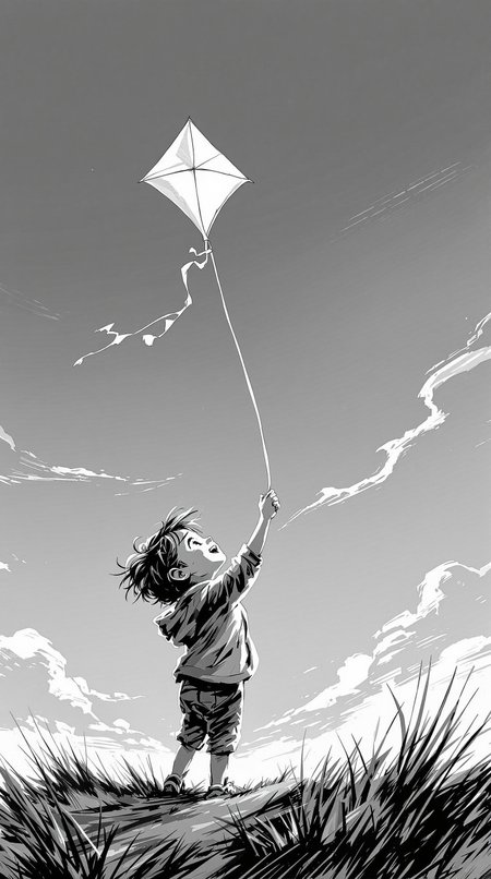 a black and white sketch of a child flying a kite on a windy day, with the kite string taut and the child’s face lit with joy