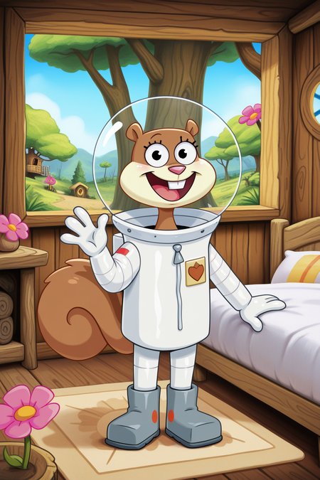 masterpiece, best quality, amazing quality, absurdres, sandycheeks, furry female, brown fur, squirrel tail, solo, smile, standing, looking at viewer, open mouth, waving, space helmet, pink flower, white spacesuit, grey boots, indoors, treehouse, wooden wall, window, carpet, bed, blue sky, day