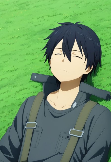 high resolution, professional photography, best quality, 1Boy, Kirigaya Kazuto, Black Hair, Black Eyes, overalldetail, relax, nap, sleepy, meadow, hill, bush, grass, under a shady tree, gentle breeze