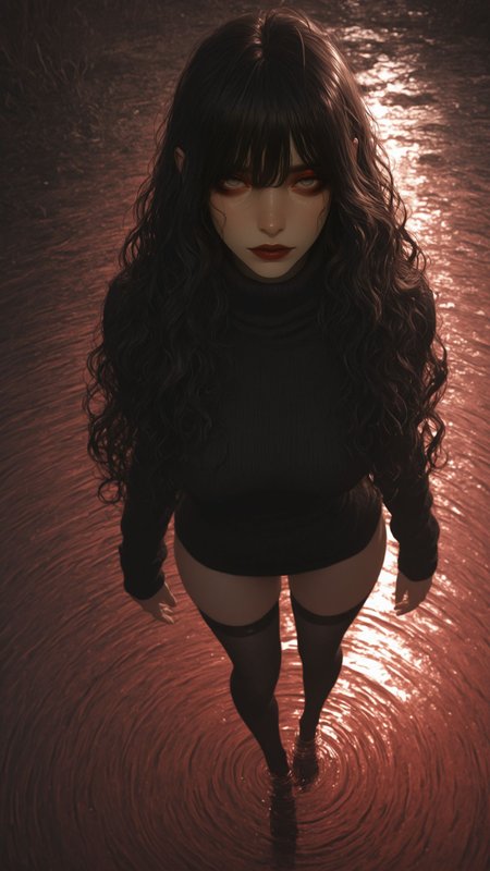 1girl, <lora:748cm_illu:1>, 7481llu,<lora:add-detail-xl:1>,
masterpiece,best quality,
long hair, black hair, wavy hair, choppy bangs, black eyebrows, detailed eyes, grey eyes, dark red eyeshadow, fading eyeshadow, dark red lips, closed moouth, hair behind ear, ahoge, turtleneck sweater, black sweater, long sweater, bare thighs, black thighhighs,
standing in shallow water, water ripples around her feet, reflective water, subtle reflections, moody lighting, deep shadows, cinematic composition, dark fantasy aesthetic, dramatic,
from above, looking at viewer, high-angle perspective