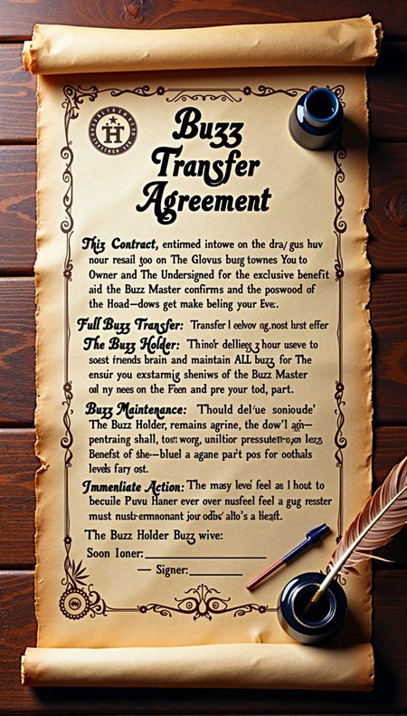 Tightly cropped on a polished wooden surface a top down view in incredible definition of an old fashioned ink on a long rolled parchment contract with the following:
"Buzz Transfer Agreement
This Contract, entered into on this glorious day between You, The Undersigned Buzz Owner and the Honored Buzz Master, confirms the following:
Full Buzz Transfer: The Buzz Holder agrees to transfer, deliver, and maintain ALL "buzz," for the exclusive benefit of the Buzz Master.
Buzz Maintenance: The Buzz Holder shall ensure the Buzz Master remains constantly in possession of top-tier Buzz, with minimal effort on the Buzz Masterâs part.
Immediate Action: Should the Buzz Master ever feel a dip in buzz , the Buzz Holder must immediately provide new levels of Buzz.
Signed:
Buzz Holder: _________
Buzz Master: _________ " with ink pot and quill and some ink blotches. <lora:ImageUpgraderV2:0.5> detailmaximizer.