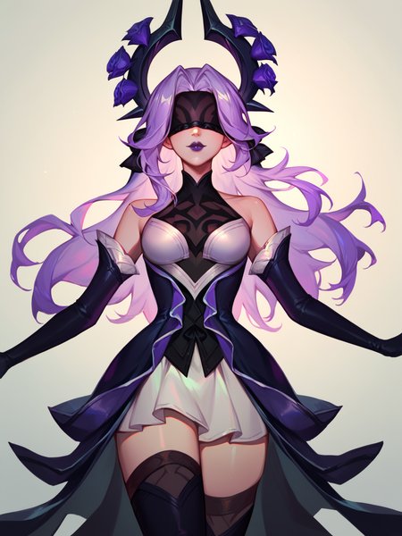 score_9, score_8_up, score_7_up, SyndraWR, 1girl, solo, black halo, purple long hair, blindfold, purple lips, purple and white dress, purple gloves, black high boots, roses <lora:SyndraWR:1>