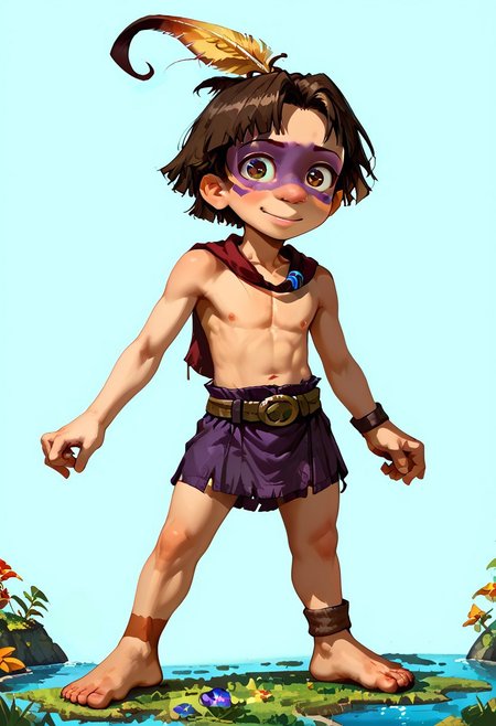 score_9, score_8_up, score_7_up, score_6_up, score_5_up,  young, cute, 1boy, solo, akJuju, Male, Short stature, big green expressive eyes, medium brown hair in a short, somewhat messy style, pronounced nose, Minimalist outfit, purple loincloth, brown belt, bare chest, Large feather attached to hair, tribal-style face paint around the eyes,  slim but fit, barefeet, full , from behind, body,w3st3rnc0m1c,westerncomic, western comic art style, petite, shortstack, small body, embarassed, blushhing, detail1eye, torn clothes, concept art, realistic, light theme, low light,, zPDXL3, emotional eyes, emotional face, cute face, easynegative, ng_deepnegative_v1_75t,  detailed_eye_model
