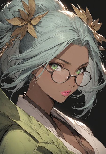 (final fantasy), 1girl,
portrait, upper body, looking at viewer, eye contact, 

((mature)), cyan hair, dark skin, hair bun, sage, huge glasses, green eyes, pink lips, clothing detail,

black background, masterpiece, best quality