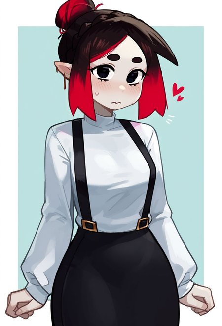 score_9, score_8_up, score_7_up, source_anime BREAK 1girl, solo, Eleanor, Vampire Girl, pointy ears, black hair, red hair, multicolored hair, hair bun, split bands, pale skin, slender body, cute, rosy cheeks, white turtle neck, long sleeves, black skirt, suspenders, cowboy shot, simple background, 
high detail, perfect face, <lora:Adventure_Time_Style_LORA:0.25>, dot eyes, Expressiveh, source_cartoon, rating_explicit, zPDXL,