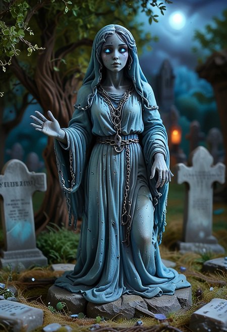 (medium full shot) of (otherworldly ghost) ethereal figure, transparent fading body, fading hands, faintly glowing blue eyes, bluish skin, glowing softly, shimmering faintly with a chilling atmosphere, eerie, chains around its wrists,  set in  an ancient graveyard, with weathered tombstones, overgrown grass, a solemn atmosphere, at night,  Masterpiece,best quality, very aesthetic