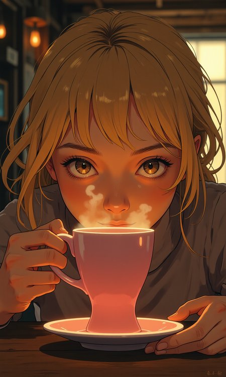An extreme close-up shot, of a blonde woman with straight hair drinking steaming hot coffe from a pink cup with white rim around top. She have dark brown eyes, sparking with joy, and reflecting light around her. she have light make up.
A warm, muted scene in a cozy cabin with Scandinavian rustic touches, reminiscent of a Swiss chalet, illuminated by soft, golden lighting with a subtle bokeh effect, evoking a sense of intimacy, as a person with a gentle expression and earthy skin tone, interacts with Mark Mack, in a serene, three-point perspective composition, infused with the cinematic style of a new classical film, with a subtle film grain and muted color grading.
BREAK anime, bboil artist style, vantablack