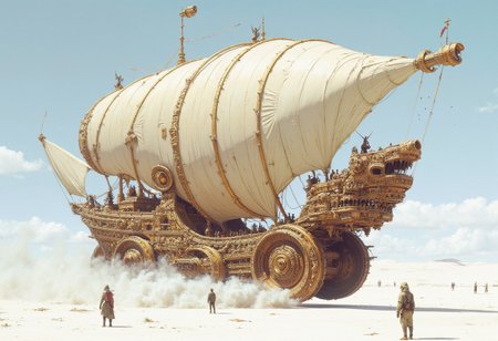 white desert dunes sand, big rococo ship with wooden wheels, huge sail, movement, expression, surrealism, sci-fi, ultra detailed, vivid colors