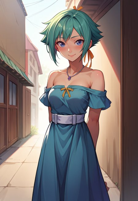 score_9, score_8_up, source_anime, 1girl, solo, ZessicaWong, short hair, hair ribbon, necklace, blue dress, off-shoulder, white belt, smile, arms behind back, blush, outdoors, <lora:ChamZessicaWongPonyXL:1>
