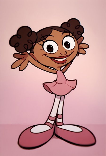 score_9, score_8_up, score_7_up BREAK MeeMeeDL, 1girl, dark brown hair, dark brown eyes, brown skin, curly pigtails, lipstick, sleeveless pink dress, white tights, pink ballet shoes, smiling at viewer, hands behind head,