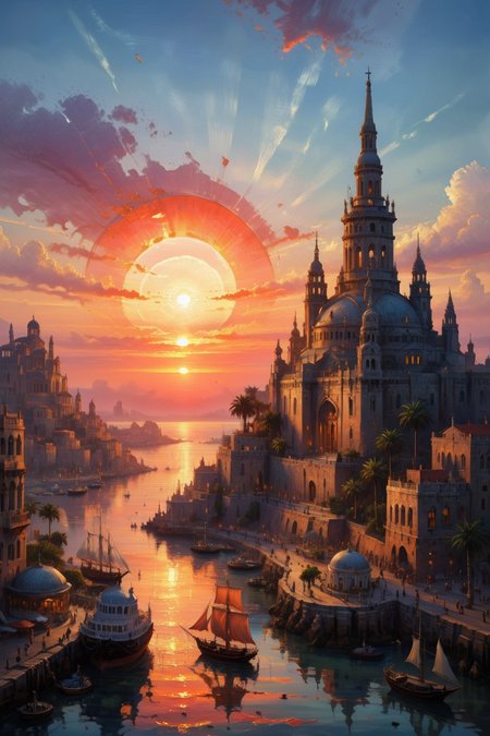 The city is situated on the sea, surrounded by a circular shape of water, creating a picturesque setting. Its overall appearance resembles a multi-layered cake, with each tier rising above the other. At the highest point of the city, water flows downward into the sea, creating a dynamic and captivating sight. The surface of the sea is dotted with anchored ships, adding to the maritime charm of the city. (sunset, gorgeous sky:1.2),
<lora:add-detail-xl:0.85>,
<lora:EnvyBetterHiresFixXL01:1.0>,
<lora:extremely_detailed:1.5>, extremely detailed,
<lora:zavy-mthcl-sdxl:0.8> zavy-mthcl, 
<lora:LaxpeintXL-2.0:0.6> digital painting,