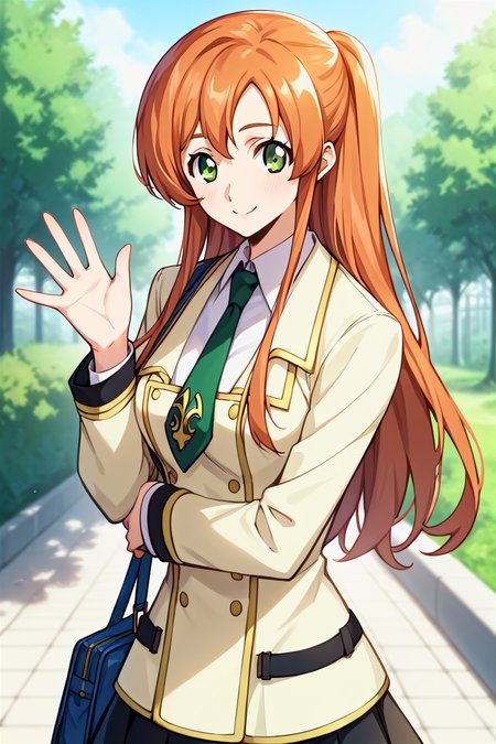 score_9, score_8_up, score_7_up, score_6_up, score_5_up, score_4_up, rating_questionable, , source_anime, digital illustration, pixiv, fanbox, uncensored, , BREAK, official art,
1girl, solo, female, shirley fenette, orange hair, green eyes, long hair,
school uniform, ashford academy school uniform, necktie, waving, outdoors, light smile, blush, cowboy shot, looking at viewer,  <lora:Shirley_fennete_Pony:0.8>