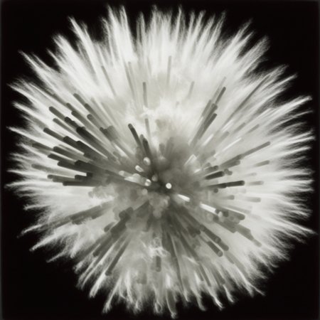 energy, fragile details of this natural or organic element, creating a dynamic burst-like or exploding effect against the stark black background. The arrangement creates a sense of movement, and a fusion of organic and architectural elements. The monochromatic color scheme and the bold, spectral quality. While the specific meaning or intent behind the artwork is not immediately clear