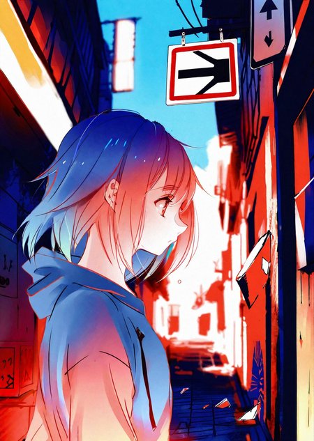 a woman with medium-length colorful hair wearing hoodie walking under a broken sign in an alleyway
close up 
 anime
dramatic lighting 
gradient 
pixiv request, pixiv fantasia, pixiv sample, 
by ajimita, 
best quality,