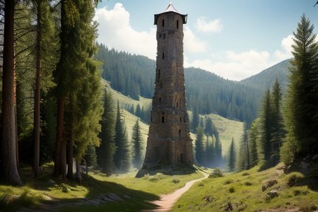 realistic analog photo, award winning photo, vary wide shot of stone witow tower:1.3, no humans, scenery, blue sky, dirt road, pine trees, dry grass, Desert, nature, outdoors, RAW, highres, 8k, uhd, High Dynamic Range, tonemapping, crisp details, portcullis,