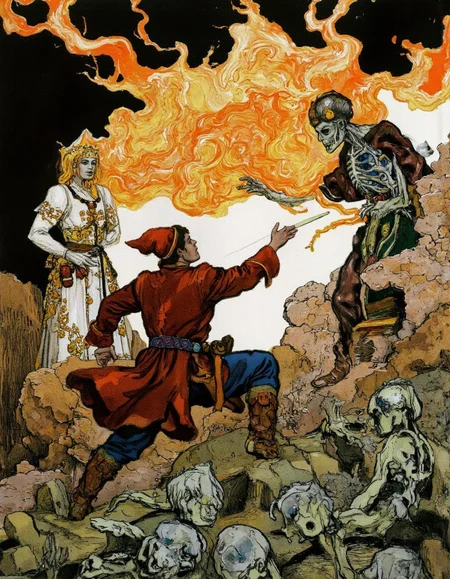 <lora:kochergin:1>, man dressed and woman princess  fighting with undead