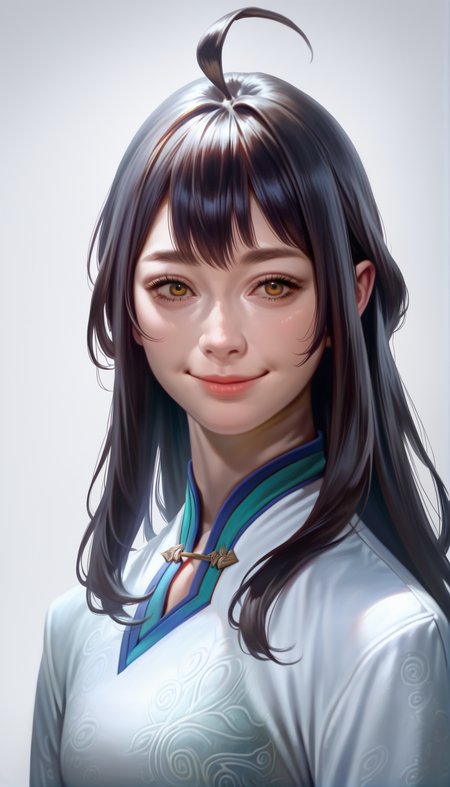 score_9,score_8_up,score_7_up,
<lora:xinxianying:0.9>,
xinxianying,
highres,photorealism,bloom,
1girl,solo,long black hair,bangs,ahoge,
yellow eyes,looking at viewer,smile,
white and cyan gown,blue underdress,
portrait,
white background,
