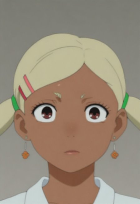 masterpiece, best quality, amazing quality,,, shiny skin,,,, <lora:MukoDanda_LW:0.8>, MukoDanda_LW, dark skin, dark-skinned female, blonde hair, earrings, twintails, hairclip, brown eyes, short twintails,, collared shirt, portrait, red bowtie,