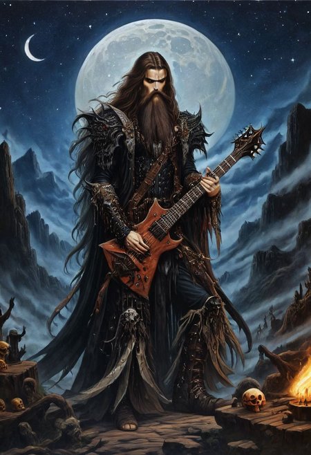 Macabre Fantasy style {1man, Long wavy hair, epic beard, playing a guitar, heavy metal guitar, axe guitar, on an outdoor stage, heavy metal music genre influence} . zavy-brbrn, dark, gothic, grim, magnificent, celestial, ethereal, painterly, epic, comic, majestic, fantasy art, cover art, dreamy, highly detailed,  In the style of Alex Horley, close up, starry night, crescent moon,