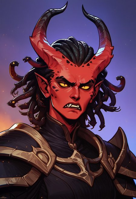 score_9, score_8_up, score_8, score_7_up, score_7, score_6_up, score_6, score_5_up, bulky tiefling, (black tipped horns:1.2), (snake hair, black snake hair), red skin,  runes, shoulder armor, spikes, wizard robes, black clothing, claws, masculine face, wide jawline, angry, intense expression, yellow eyes, vox machine style, 1boy, male focus, solo, close up portrait , fantasy, night background, (dynamic lighting:1.1)
((masterpiece))