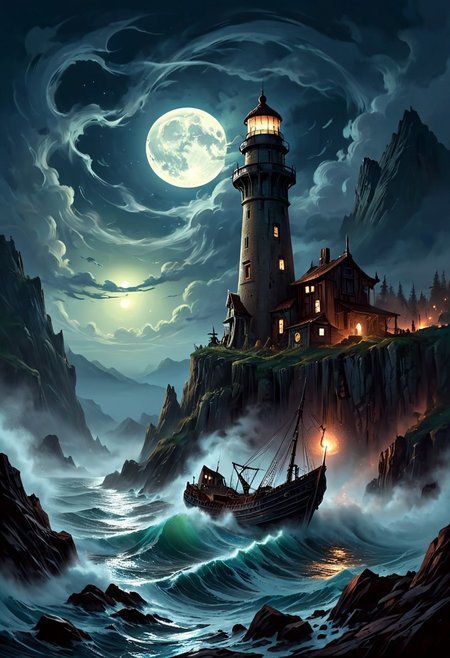 flat art, surreal, Under the eerie glow of a full moon, a dark and ominous landscape unfolds. A vibrant, colorful ship stands by the edge of a serene ocean, its vivid hues contrasting starkly with the foreboding atmosphere. In the background, a lighthouse stands atop jagged rocks, its light cutting through the darkness and reflecting off the ocean's surface, glistening in the moonlight. Thick, swirling clouds loom overhead, adding to the sense of an evil presence. The moonlight filters through the clouds, casting an otherworldly glow over the scene. A falling star streaks across the sky, adding a touch of mysticism to the night. The air is thick with a sense of ancient secrets and dark magic, as if the very night is alive with hidden power.  romantic impressionism,dream scenery art,beautiful oil matte painting,romantic,style of thomas kinkade,beautiful digital painting,anime landscape,romantic painting,dreamlike digital painting,colorful painting,beautiful gorgeous digital art,style of greg rutkowski,janek sedlar,jenny saville