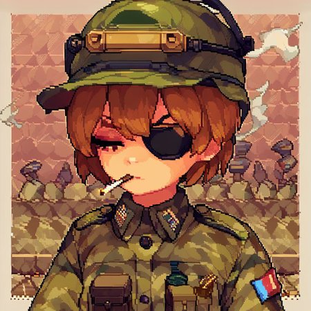 score_9, score_8_up, score_7_up, score_6_up, source_anime, a woman in military uniform standing a pile of bullet casings, (pixel art), (pixel_art), 1girl, uniform, camouflage, helmet, eyepatch, bullets, outdoors, tired expression, smoking a cigarette