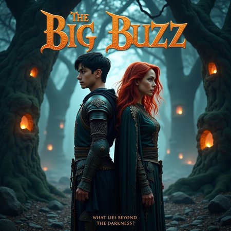 A highly detailed movie poster design, with a dark, mysterious, and fantasy theme. The title, 'The Big Buzz,' is prominently displayed at the top, in bold, ancient-styled letters with a metallic or stone texture. In the foreground, two protagonists stand together: a young man, with short, black hair, wearing medieval armor with dark, worn details, and a young woman, with flowing, red hair, dressed in a long, enchanted cloak with glowing runes. They are back-to-back, looking towards opposite sides, both with intense, determined expressions. Behind them, a dark, misty forest with twisted trees and ancient ruins creates a gloomy and foreboding atmosphere. Glowing eyes and shadows lurk in the background, adding to the tension. The tagline, at the bottom, says, 'What lies beyond the darkness?' in a smaller font. The poster has a cinematic feel, with dramatic lighting, mystical elements, and a high level of realism, capturing the haunting and magical essence of dark fantasy
