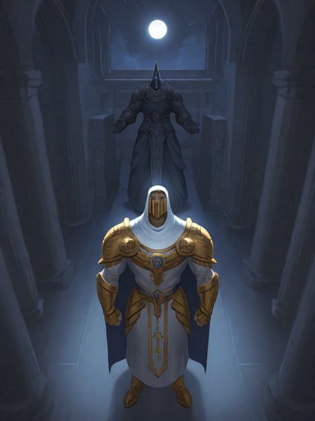 3tn3ss, very awa, masterpiece, best quality, absurdres, newest, perfect quality, detailed background, intricate details, Ancient Egypt, night time, temple interior, moon shining in from above, full body view, male, solo

moonknight, hood, armor, cape, glowing eyes, blue eyes, mask, bara, muscular, standing tall, looking up to the moon, priest-like stature, in reverence, eyes closed