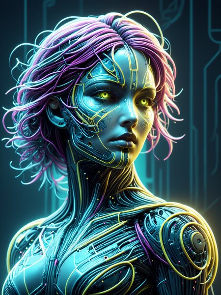 female cyborg made of mad-cable,  in the style of alphonse mucha, geometric pattern in the background, neon yellow lightning, neon teal lightning, neon magenta lightning, cables, wires, synthwave, vaporwave, retro futurism, circuitboard, dark futuristic <lora:Dark_Futuristic_Circuit_Boards:0.6>    <lora:Cables_SDXL:0.8>  <lora:Neon_Cyberpunk_SDXL_Cyberspace:0.5> mad-cyberspace, cyberpunk, scifi, 1980s, retro <lora:aesthetic:1> aesthetic <lora:sd_xl_dpo_lora_v1:1>, (masterpiece:1.2), best quality, (hyperdetailed, highest detailed:1.2), high resolution textures