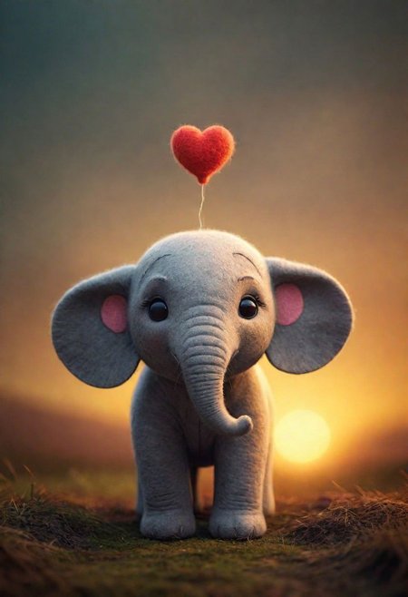 Blade Runner Style, Craft a heartwarming description for this adorable photo: Picture a small, simple, cuddly felt elephant holding a felt heart in its tiny hands, gazing directly into the camera with a joyful smile. The scene is so sweet that it melts even the toughest hearts. Describe the loving atmosphere created by the combination of felt, smiles, and hearts diring a beautiful sunrise 