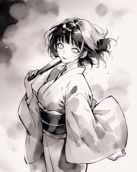 masterpiece, best quality, absurdres, 1girl, solo, momoshiro chiyoko, japanese clothes, (furisode:1.1), wind, holding fan, looking at viewer, light smile, lipstick, crazy eyes, light smile, monochrome, watercolor \(medium\), <lora:Act-Age-anxl31:0.6>, <lyco:inkXLANI31lokrV43P1:0.8>,
